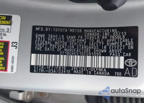 2013 Toyota Corolla Le z USA, uszkodzony, nr VIN 2T1BU4EE1DC091090